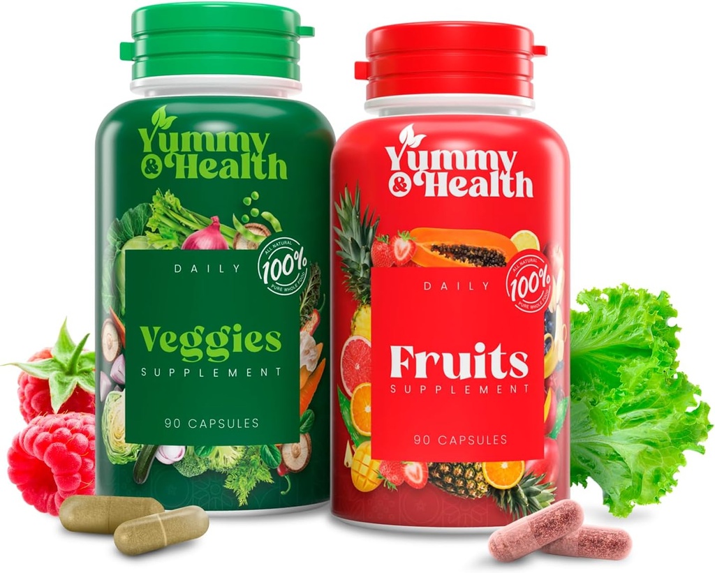 Yummy & Health Fruits & Veggies Capsules – 33+ Whole Superfoods from Fruits & Vegetables | 90 Fruit + 90 Veggie Capsules | Vegan, Non-GMO, Gluten-Free | Plant-Based Nutrients & Fiber