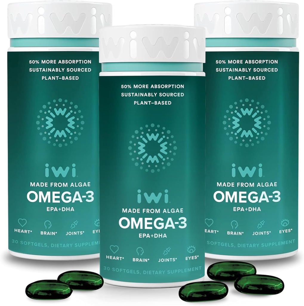 Iwi Omega-3, 90 Softgels (90 サービング), ビーガン植物ベースの Algae Omega 3 と EPA + DHA, 全身ボディ サポート 栄養補助食品, キルト & 魚油代替, 魚介の Aftertaste なし