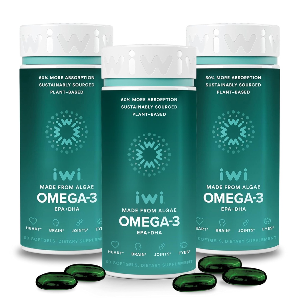Iwi Omega-3, 90 Softgels (90 サービング), ビーガン植物ベースの Algae Omega 3 と EPA + DHA, 全身ボディ サポート 栄養補助食品, キルト & 魚油代替, 魚介の Aftertaste なし