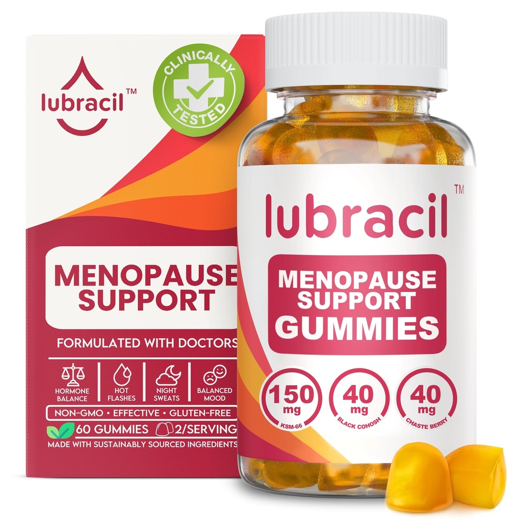 Lubracil 女性のための月経閉止グミー - ホットフラッシュ、ナイトスウェット、気分のスイング、ホルモンバランスのための月経サラウンドサプリメント - ブラックコホッシュ&アシュワガンダと毎日のビタミン - 60グミ(パッケージ1)