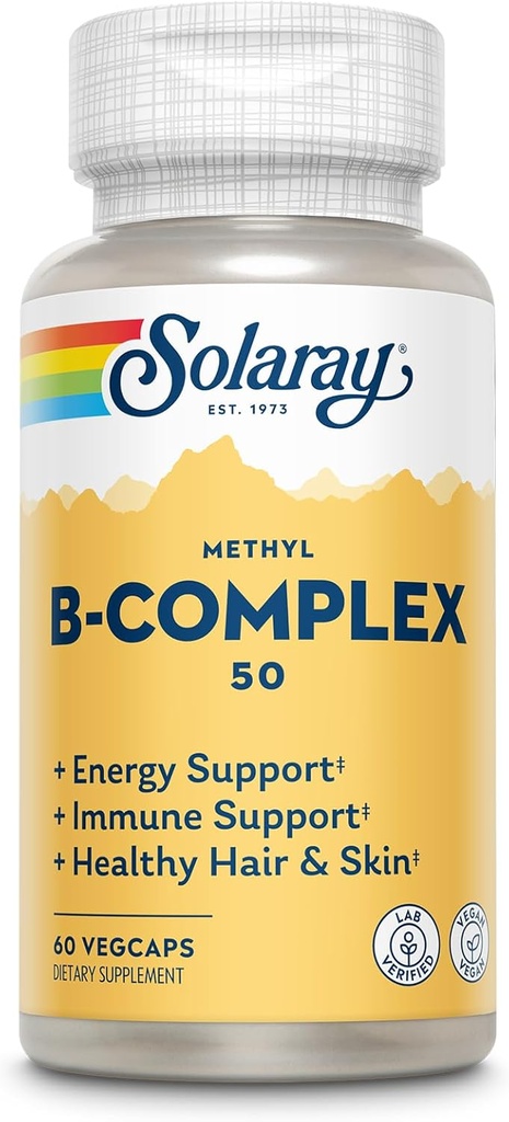 SOLARAYメチルBコンプレックス50mg - ビタミンB12、B6、B1、葉酸、ビオチンなどのビタミンBコンプレックス - セルラーエネルギーサプリメント、神経機能サポート - ビーガン、60日保証、60のサービング