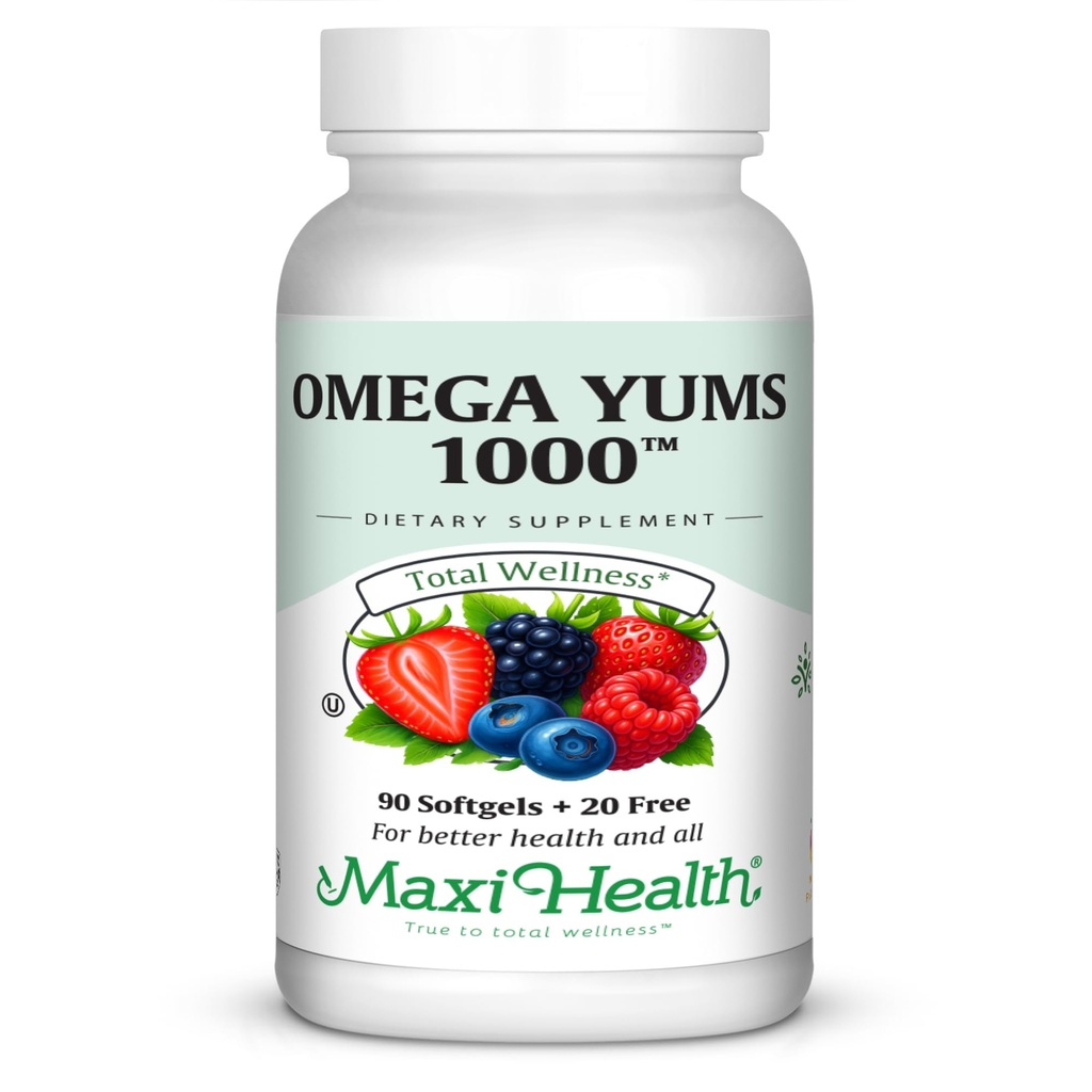 Maxi Health Omega Yums 1000 - キッドフレンドリー - フルーティーバーストフレーバー - 110 Softgelカプセル - Kosher