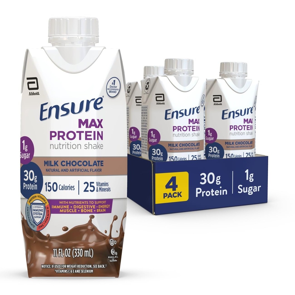マックスプロテインミルクチョコレート栄養シェイク | 30g タンパク質、1g 砂糖、4g 繊維ブレンド | 4パック