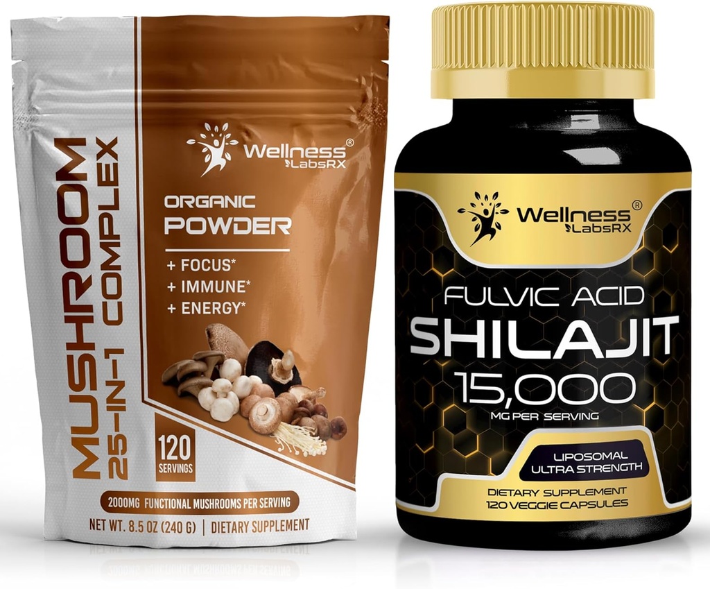 WELLNESS LABSRX Mushroom Powder 2000mg - Shilajit Pure Himalayan 15,000mg Capsules