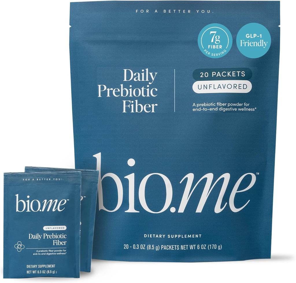 Bio.me Daily Prebiotic Fiber Powder Unflavored - 20 Travel Packs, 7g Per Serving - Soluble & Insoluble Fiber Supplement for Women & Men - Digestive Health & Gut Health - GLP-1 Friendly, Sugar Free