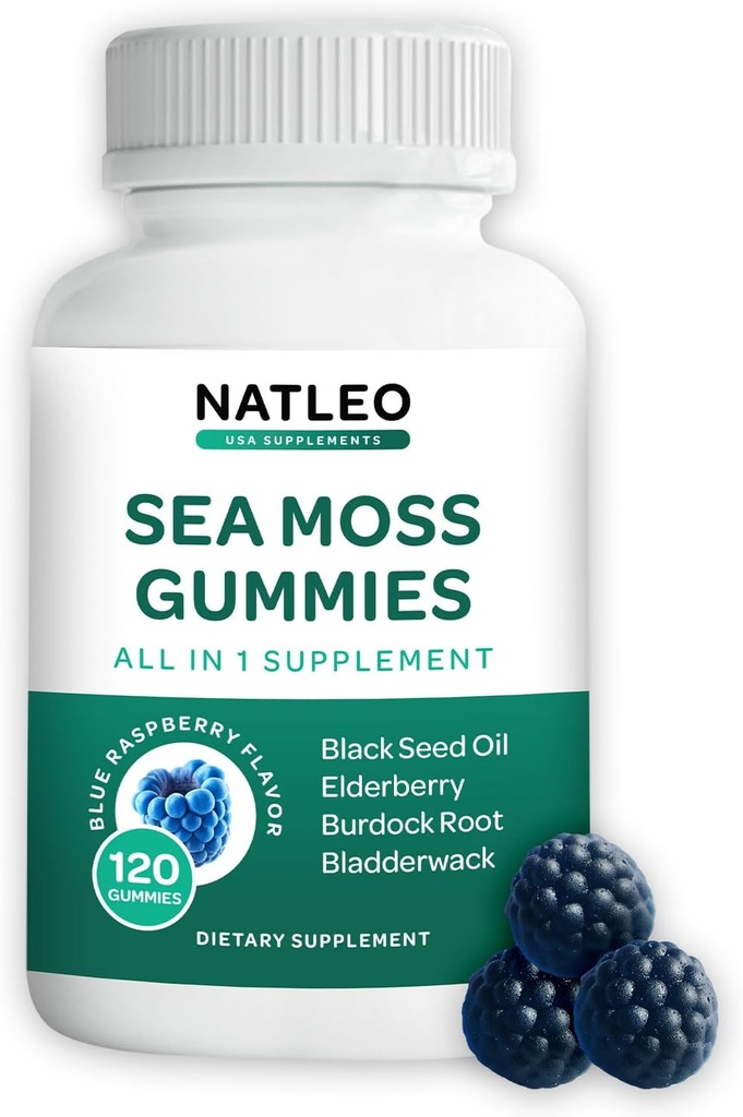 NATLEO USA Sea Moss Gummies with Elderberry, Black Seed Oil & Burdock Root - Vegan, Gluten-Free, Non-GMO, 1750mg - Supports Daily Wellness - Made in USA (120 Count)
