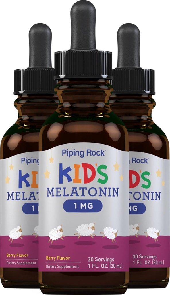 Piping Rock Kids Melatonin Liquid 1 fl oz | 1mg | Pack of 3 Bottles | Berry Flavor Drops | Non-GMO, Gluten Free Supplement