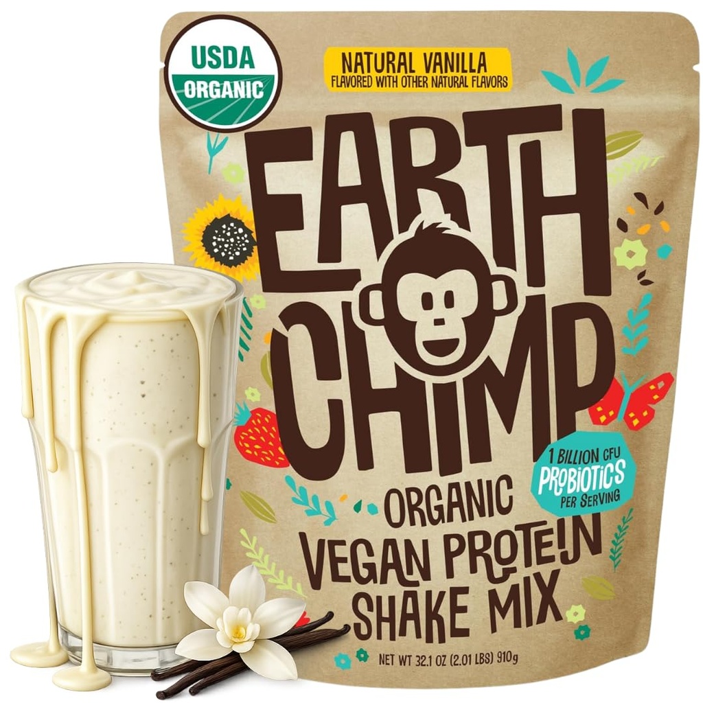 EarthChimpオーガニックビーガンプロテインパウダー - プロバイオティクス付き - 非GMO、乳製品無料、非乳製品、女性と男性のための植物ベースのプロテインパウダー、グルテンフリー - 26 サービング32 Oz(バニラ)