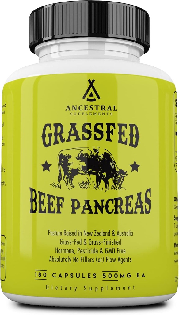 Ancestralは草の餌のビーフの膵臓の補足、500mgのプロテオリンの消化器サポート、トリプシン、非GMO、180のカプセルを含むDgestiveの酵素とパンクレアチカル サポートを補います