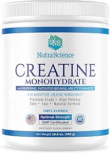 NutraScience Creatine Monohydrate Powder with BioPerine, サポート リーンマッスル成長と回復, 60 サービングあたり, 5000mg, 不燃, GMP 認定, 完全菜食主義者のフレンドリー, 非GMO