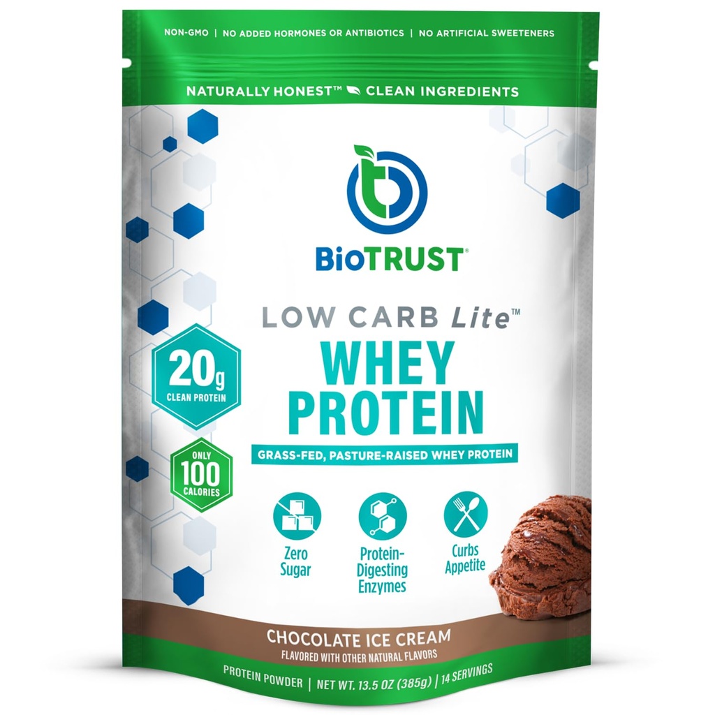 BioTrust Low Carb Lite, 20 グラスフェッドウィープロテインアイソレートのグラム, 100 Calories, ProHydrolase Digestive Enzymes, Non-GMO, Soy and Gluten, rBGHフリー (14 サービング) (チョコレートアイスクリーム)