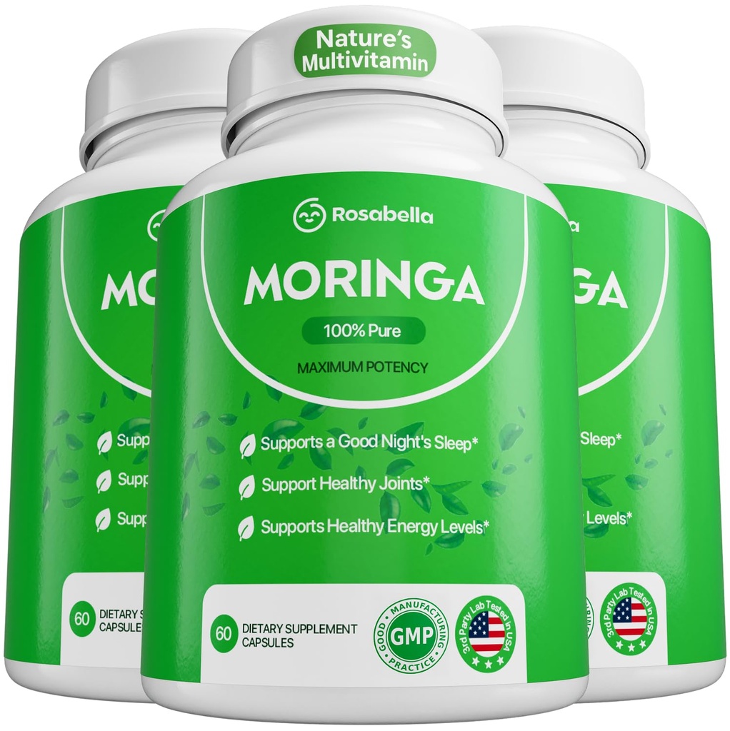 Rosabella Moringaのカプセル-純粋なMoringaの粉、エネルギー、皮、免疫及び腸の健康のスーパーフード、酸化防止剤、必須のビタミン及びアミノ酸、自然な緑のスーパーフードの補足- 180の計算で豊富な