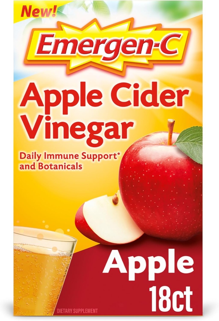 Emergen-C Apple Cider Vinegar Vitamin C Fizzy Drink Mix, 免疫サポートのためのサプリメント, アップル - 18 カウント
