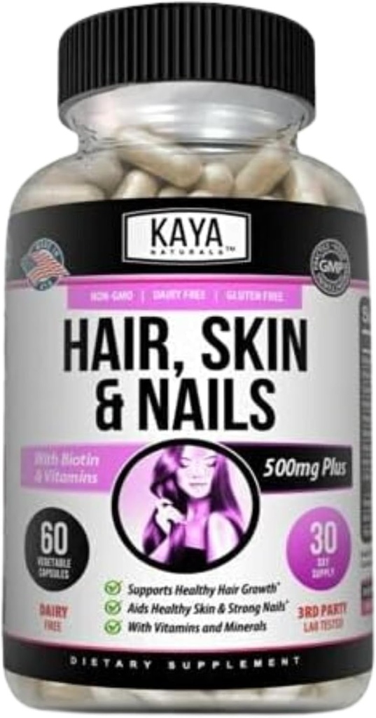 Kaya Naturalsの毛皮の釘はBIOTINのビタミンDのビタミンB-12の葉酸サポート、毛サポート ビタミンの補足をカプセルに入れます