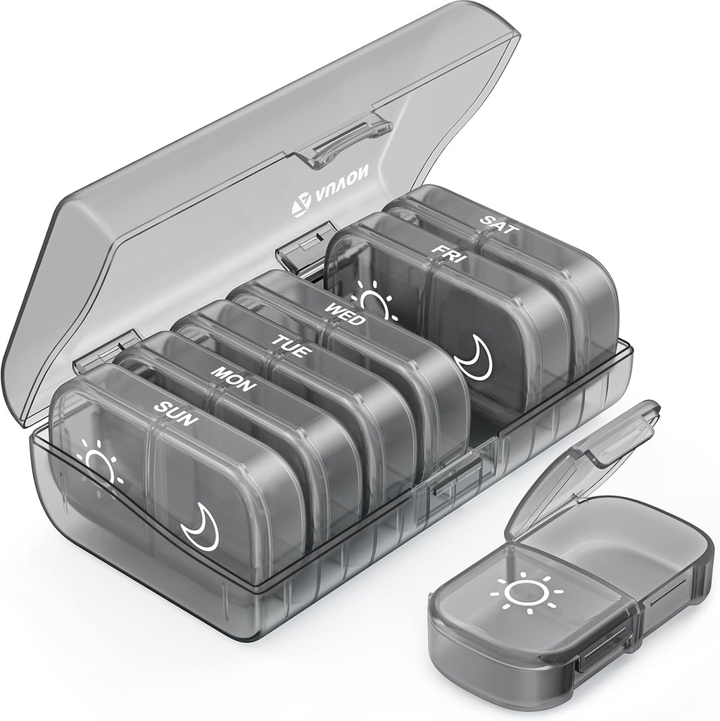 AUVON XL Weekly Pill Organizer 2 日、Pill Box 7 Day with One-Side Large Openings for Easy to use、Gray AM PM Pill Case for Medication、ビタミン、魚油、サプリメント