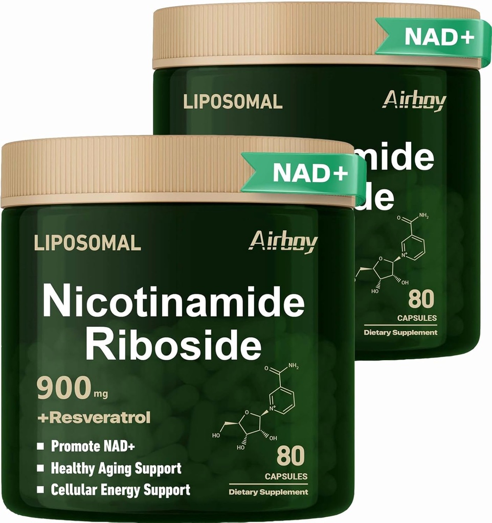 Airboy Liposomalニコチンアミドリボシド900mg、Resveratrol、NMN代替NADブースターサポートアンチエイジング、エネルギー、フォーカス - 80カプセルx 2パック