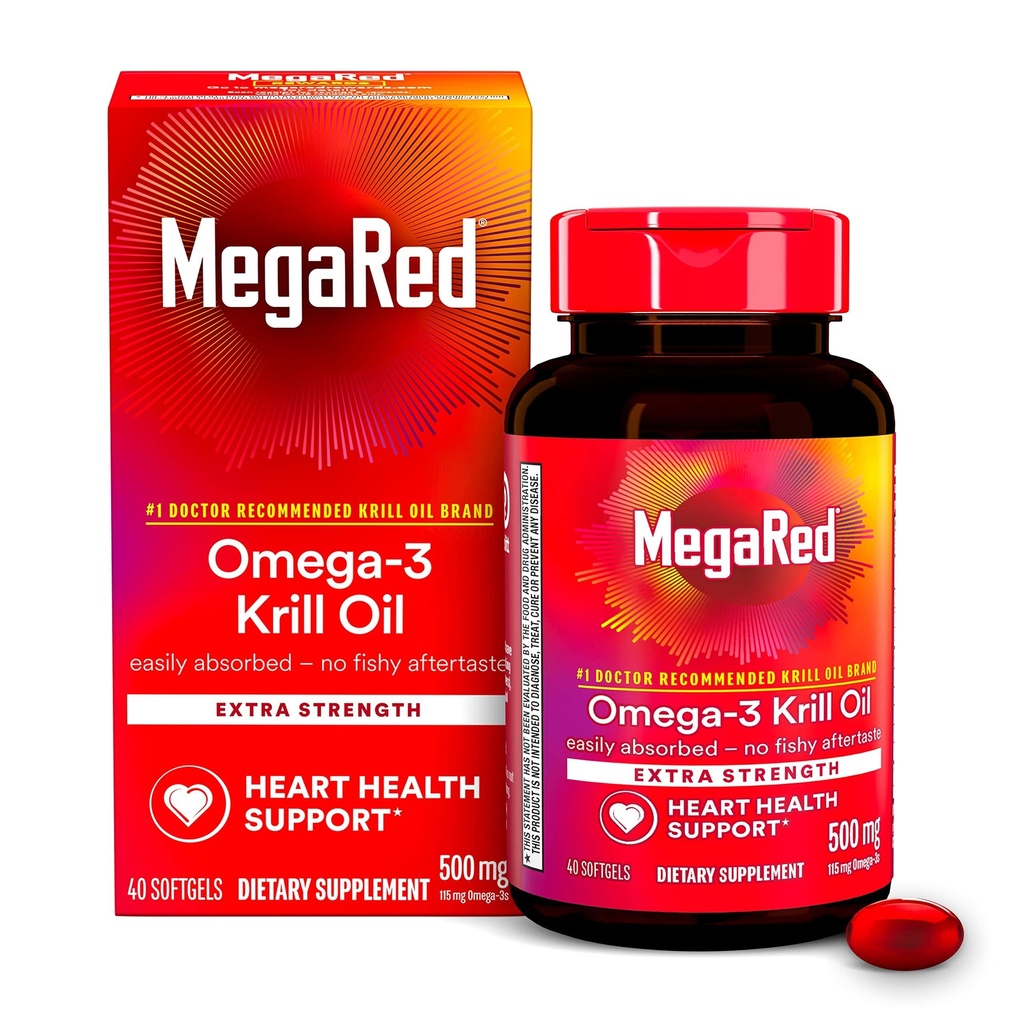 MegaRed Omega-3 Krill オイル500mgの余分強さのsoftgels (箱の40の計算) - Krillオイルの魚介のAftertaste無し