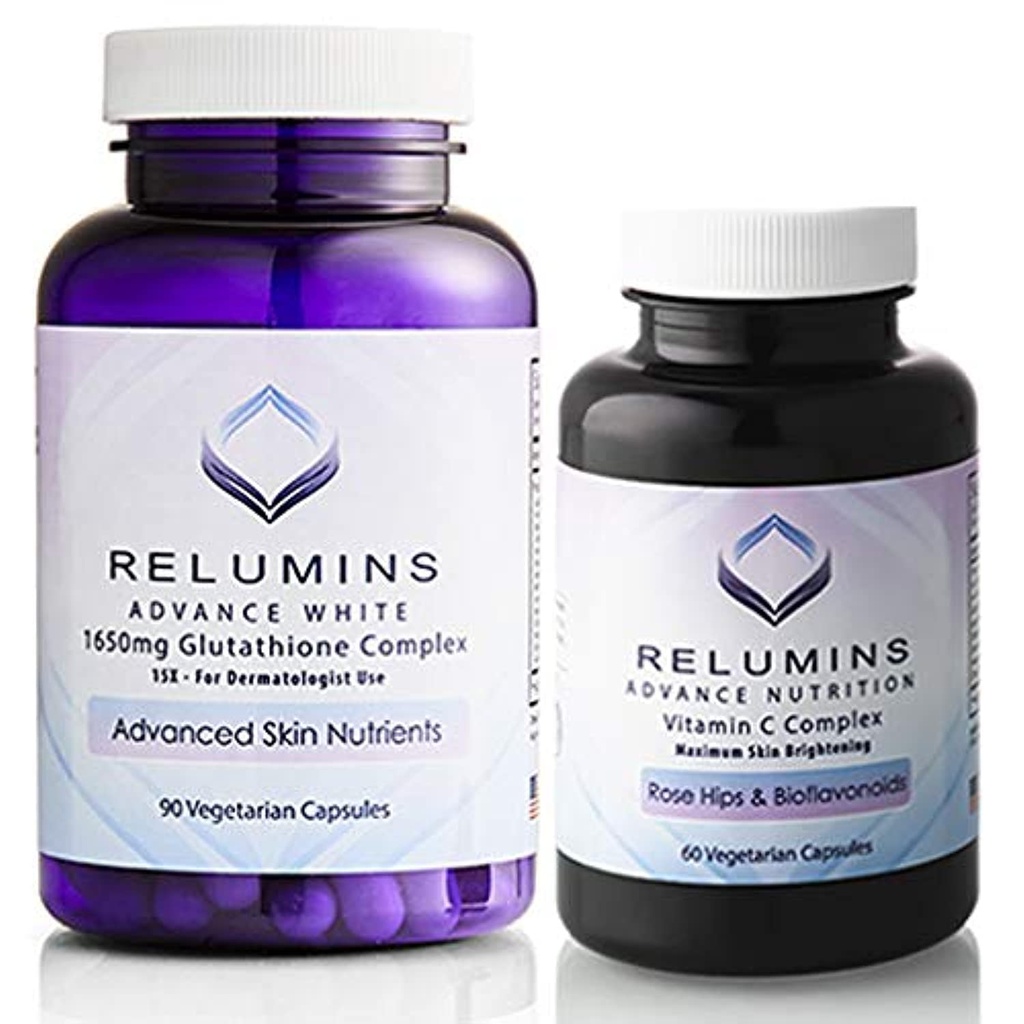 Reluminsの高度の白いセット- 1650mgグルタチオンの複合体(90のカプセル)およびローズHIPSおよびBioflavonoids (60のカプセル)の束が付いている高度のビタミンC