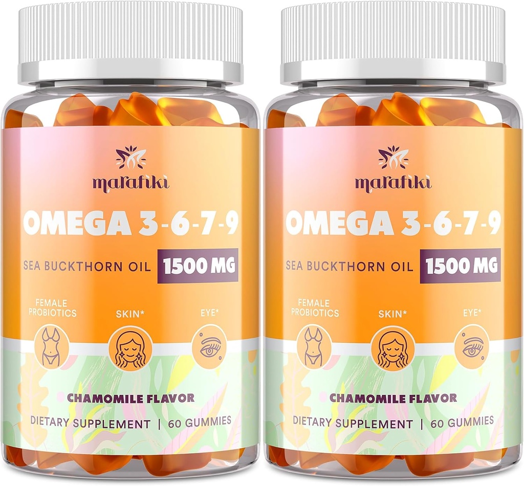 Omega-7海のBuckthornオイルグミ、Omega 3 6 7 女性、亜麻仁油、ビタミンE、A&プロバイオティクス - 皮膚、目&乾燥、カモミール風味 - 120グミ