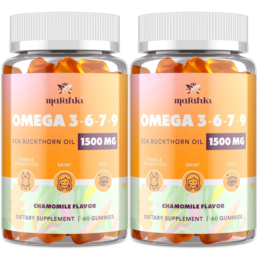 Omega-7海のBuckthornオイルグミ、Omega 3 6 7 女性、亜麻仁油、ビタミンE、A&プロバイオティクス - 皮膚、目&乾燥、カモミール風味 - 120グミ