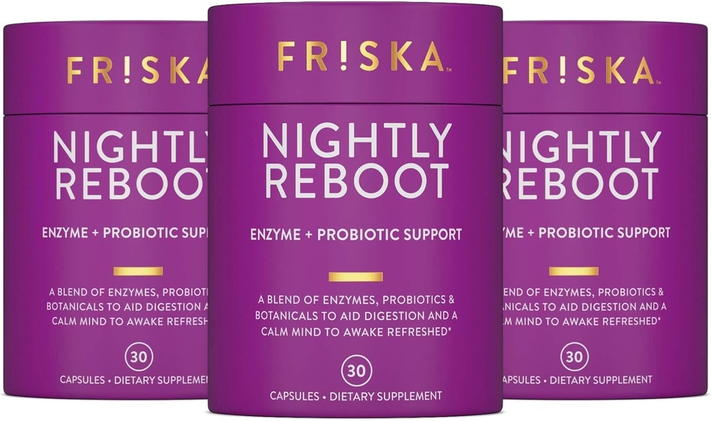 FRISKAナイトリーは酵素とプロバイオティクスのサプリメントを再起動し、より良い消化と睡眠を促進し、男性と女性、メラトニン、カモミール、90カプセルのための腸の健康をサポート