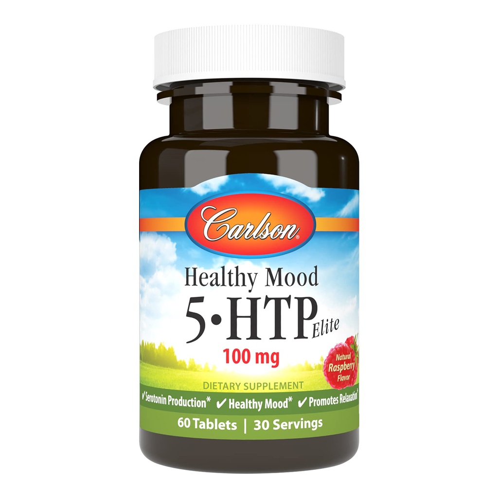 Carlson Healthy Mood 5-HTP Elite 100 mg with Vitamin B6 - 気分のサポート&リラクゼーションサプリメント - Raspberry Chewable - 60錠