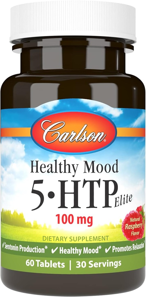 Carlson Healthy Mood 5-HTP Elite 100 mg with Vitamin B6 - 気分のサポート&リラクゼーションサプリメント - Raspberry Chewable - 60錠