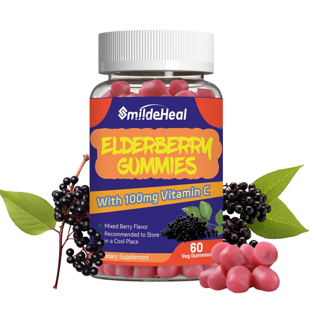 エルダーベリーグミー, エルダーベリーエキス 300mg, ビタミンCと亜鉛で, いちご味グミー, 非GMOs, グルテンフリー, ビーガンフレンドリー, 免疫サポート, 60 カウント