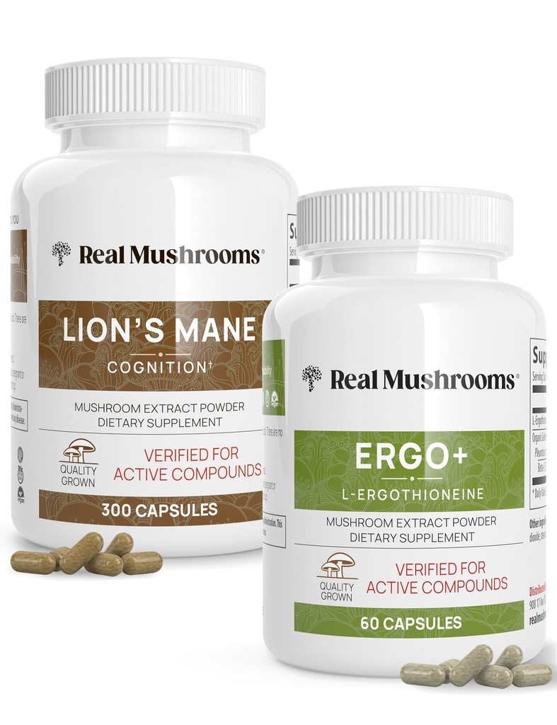 本物のキノコErgothioneine(60ct)とライオンズマネ(300ct)は、シイタケとオイスターマッシュルームエキスとバンドル - 長寿と認知 - ビーガン、グルテンフリー、非GMO - 健康的な老化のための自然なサポート