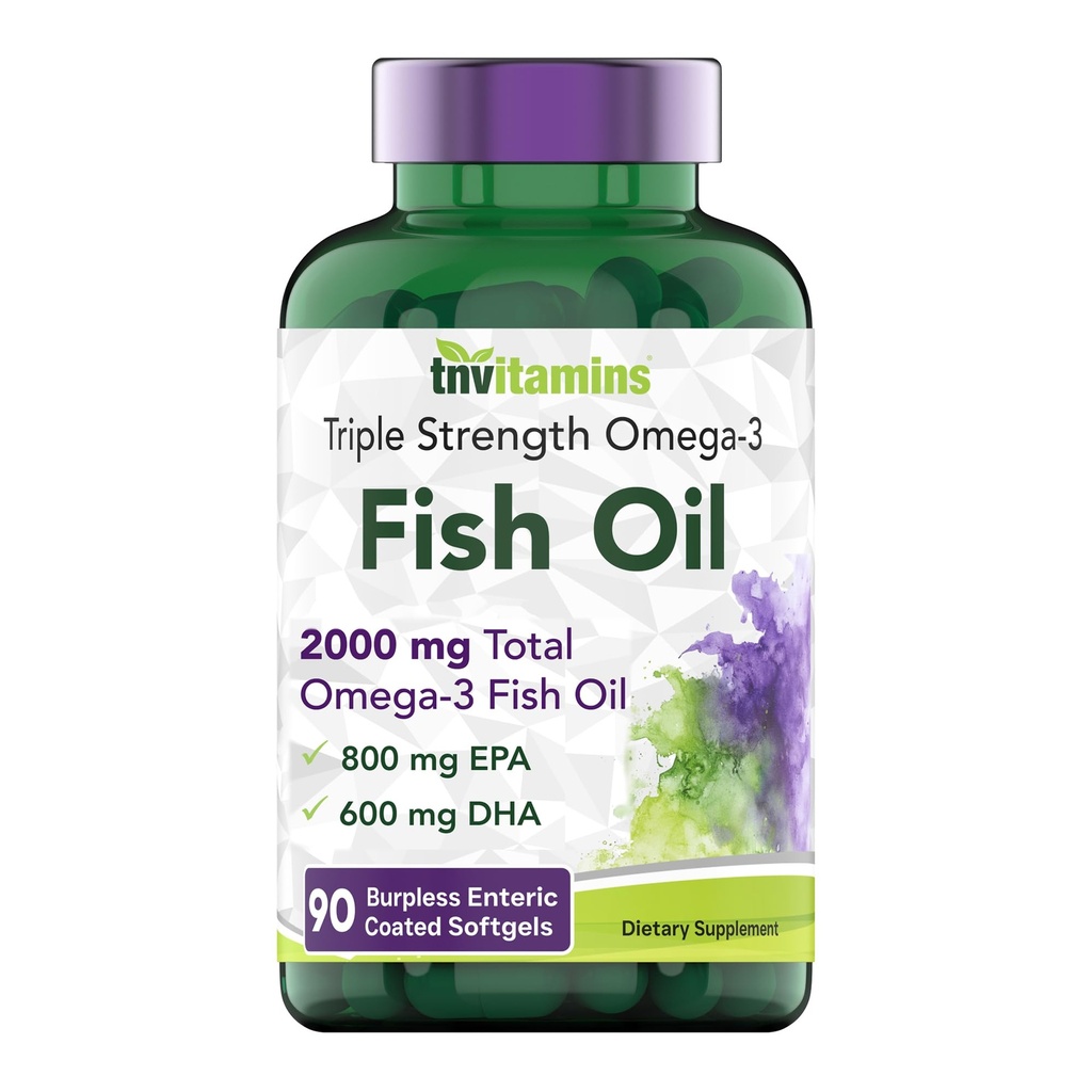 tnvitamins Burpless Omega-3 魚油: 2000mg - 90 Softgels | 1400mg 総オメガ3 脂肪酸(800mg EPA及び600mg DHA) | 腸上塗を施してあるバープレスの超強力な魚油 | サポート中心の健康