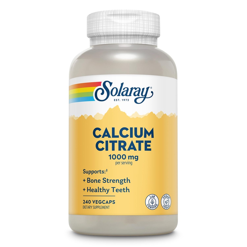 Solarayカルシウムクエン酸塩1000mg - ケレートカルシウムサプリメント - 骨の強度と健康的な歯をサポート - 消化しやすい - 60日間保証、ビーガン - 60の給餌、240ベジキャップ