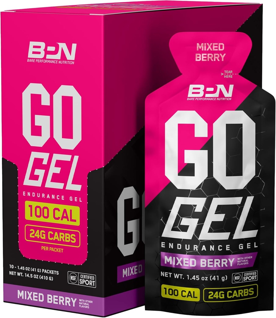 BARE PERFORMANCE NUTRITION, BPN Go Gel Endurance, 24g of Carbohydrates & 100 Calories per Pack, Vegan + Gluten Free Running Gel, 10 Single-Serving Packs, Mixed Berry