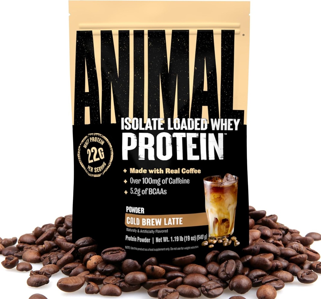 Animal Whey Protein Coffee Powder, Loaded with 22g of Protein, 100mg of Caffeine, and BCAAs for Pre & Post Workout Muscle Builder Recovery with Digestive Enzymes for Men & Women, Cold Brew Latte, 1 lb