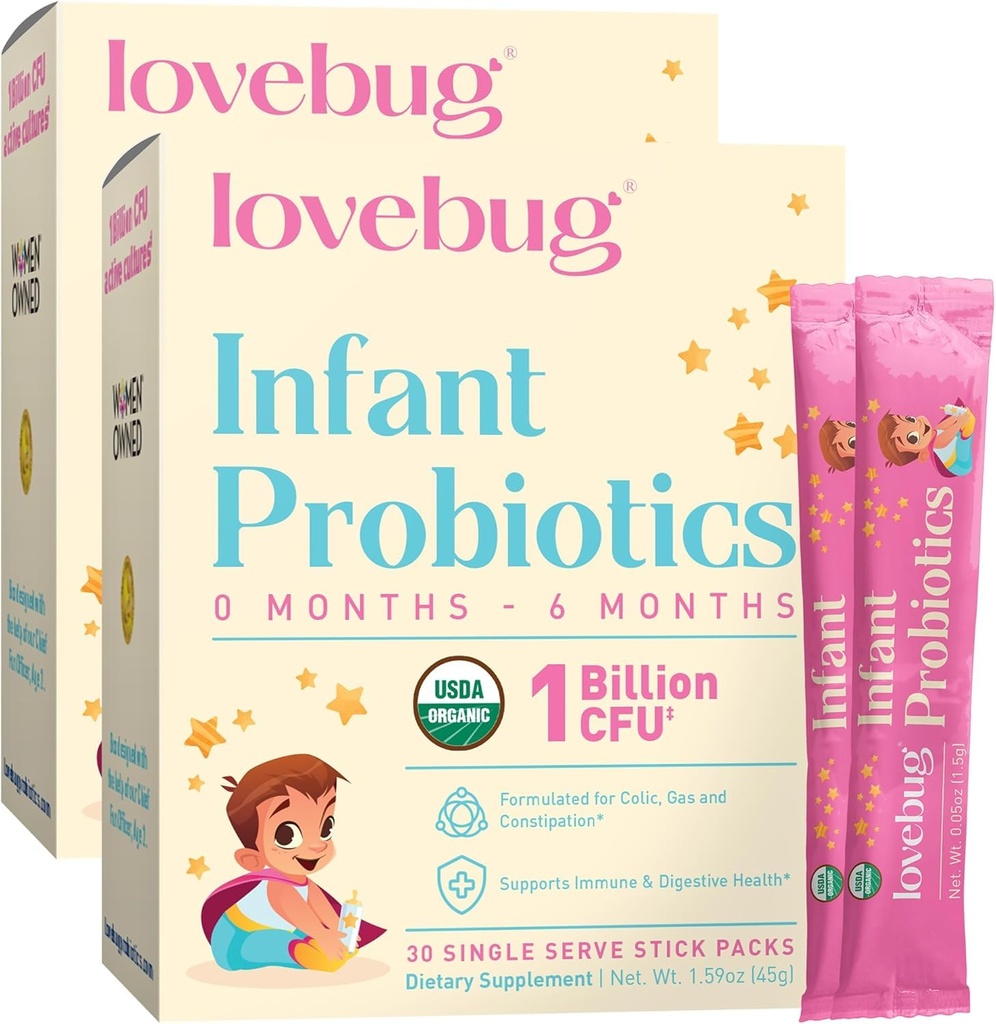 LOVEBUGインファントプロバイオティクス0-6ヶ月 - 赤ちゃんのためのUSDAオーガニックプロバイオティクス、ベビーガス、疝痛、Diarrhea、新生児便秘救済、アレルゲン&砂糖無料、味のないパウダー、60パックをサポート