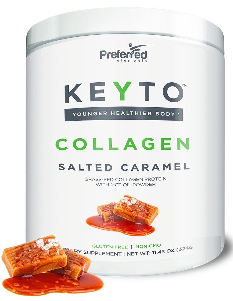 MCTオイル付きKetoコラーゲンプロテインパウダー - KetoとPaleoフレンドリーピュアグラスフェード牧草上げ加水分解物KEYTO塩キャラメル風味