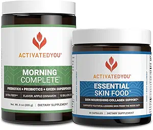 ACTIVATEDYOU Morning Complete Prebiotics, Probiotics, Green Superfoods (Apple Cinnamon) + Essential Skin Food Collagen, Elastin Support, 30 Servings