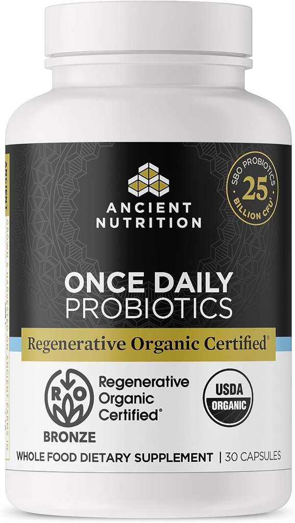 Ancient Nutrition Regenerative Organic Certified Probiotics, Daily Probiotics Once Daily, Healthy Digestion and Immune System Function Support, 25 Billion CFUs* Per Serving, 30 Count