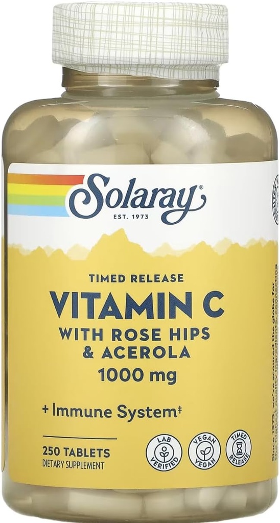 SOLARAYは、ローズヒップ&アセローラ、1,000mg、250錠でビタミンCをタイムリーにリリース