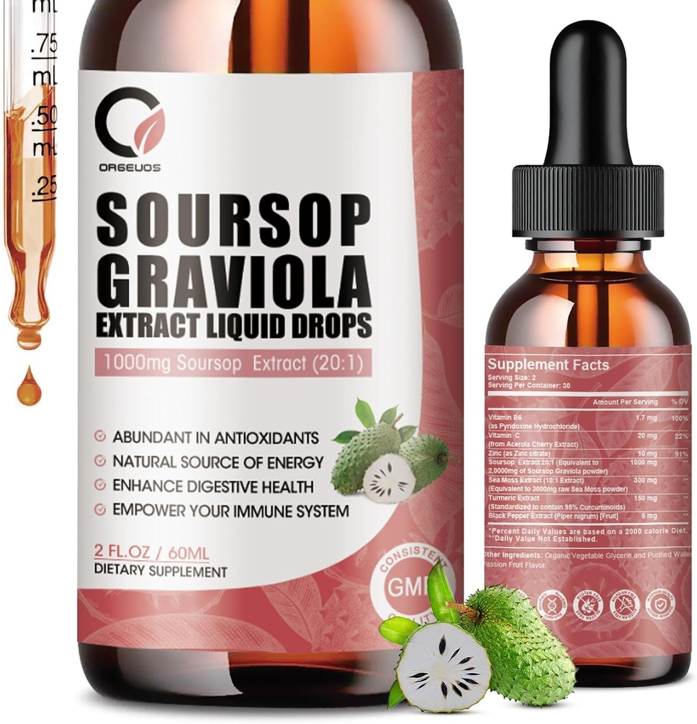 Soursop Graviolaの液体の低下-Sea Moss、細胞の再生のためのSoursopのビターの液体、免疫ブースト、リラックス、酸化防止、エネルギー- 2 Fl Oz