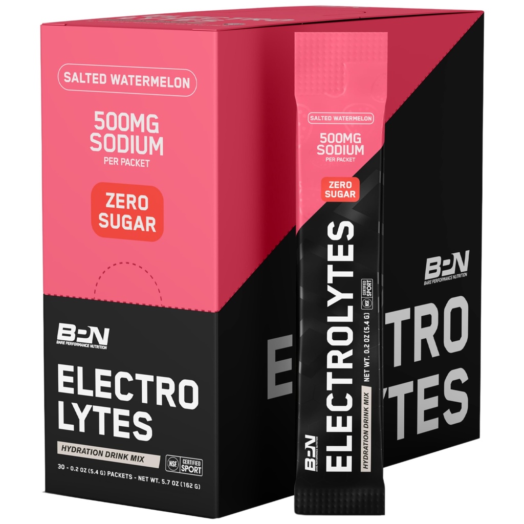 BARE PERFORMANCE NUTRITION BPN Electrolytes Go Pack Hydration Drink Mix | シュガーフリー電解液パウダー | 給食用500mg ナトリウム | 自然に甘く | 塩水メロン 30 サービング