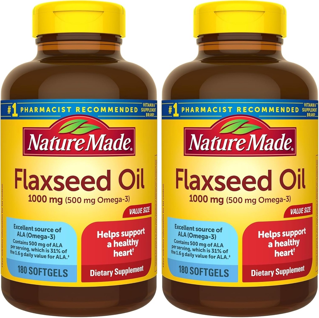 Nature Made Flaxseed Oil 1000 mg, 心の健康サポートのための栄養補助食品, 180 Softgels (パック 2)