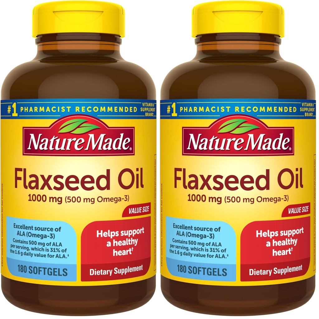 Nature Made Flaxseed Oil 1000 mg, 心の健康サポートのための栄養補助食品, 180 Softgels (パック 2)
