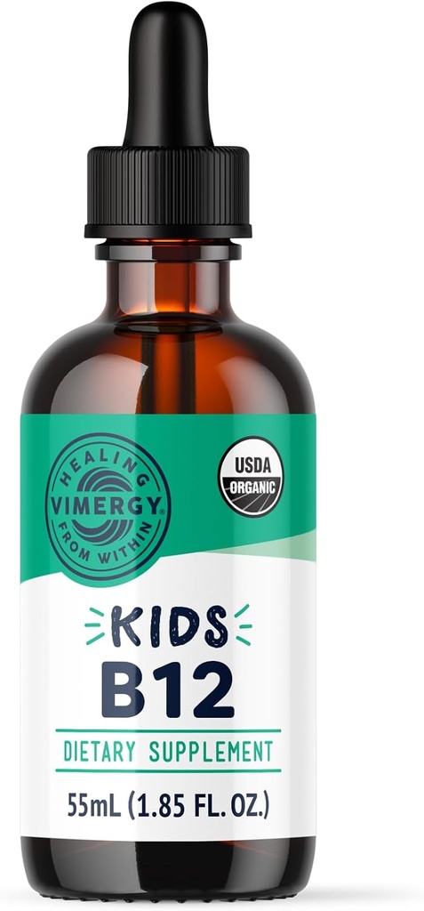 Vimergy Kids Organic Liquid B12 – Promotes Physical Development & Cognitive Function* – Fast-Absorbing Immune Support* – USDA Organic, Vegan, Non-GMO – 55 mL