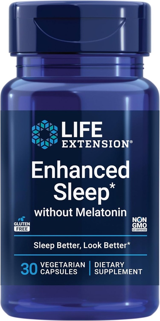 生命延長はMelatonin、ashwagandha、amla、Caseinのミルクのペプチッド、睡眠及び圧力サポート、グルテンフリー、非GMO、ベジタリアン、30カプセルのためのメラトニンなしの補足なしで眠り高めました
