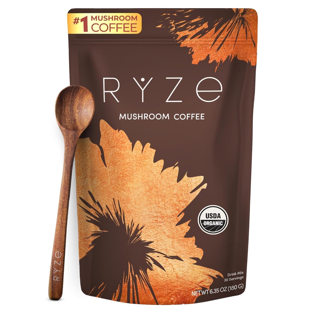 RYZE SUPERFOODS のこのコーヒー USDA 有機 6 の適応性のきのこおよび MCT オイル、米国はよりよいエネルギー、焦点、消化、ライオンズのマナ及びトルコの尾、30 のサービングとの免除のための即刻のコーヒーを育てました
