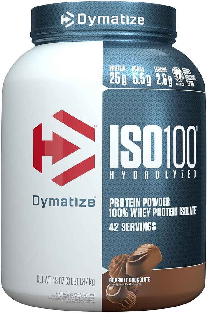 Dymatize ISO100の加水分解蛋白質の粉、100%のWheyの隔離蛋白質、蛋白質の25g、5.5g BCAAsのグルテンフリー、速い吸収、容易な消化、グルメ チョコレート、3ポンド(42のサービング)