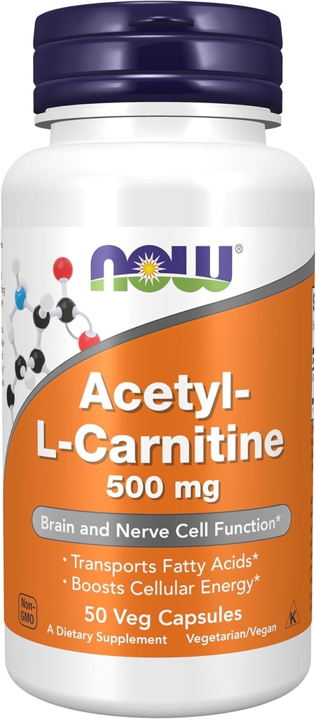 NOW Foods Supplements, Acetyl-L Carnitine 500 mg, Amino Acid, Brain And Nerve Cell Function*, 50 Veg Capsules