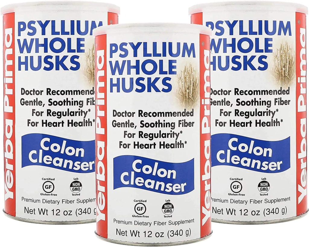 Yerba Prima Psyllium Husk, 12 Ounce (Pack of 3) - Whole Husk Fiber Supplement for Regularity, Colon Cleansing, Natural Support for Gut Health, Non GMO, Gluten Free, Vegan, No Sweeteners