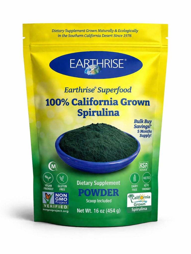 Earthrise Spirulinaナチュラルパウダー 16oz, カリフォルニアから天然プレミアムスピリナ - ビーガン, グルテンフリー, Ketoフレンドリー, ビタミン&ミネラルの高い非GMOスーパーフード. (1 LB)
