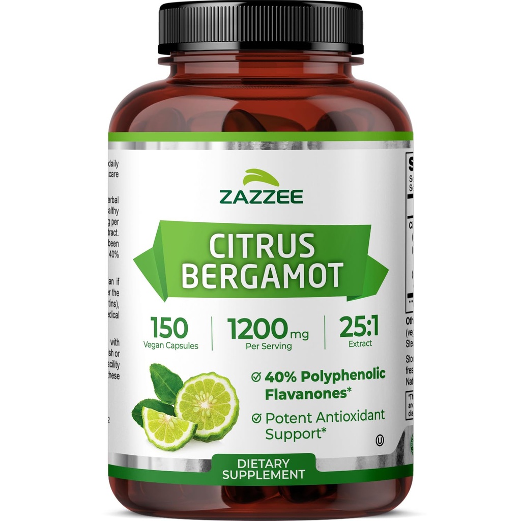 Zazzeeシトラスベルガモット25:1エキス1200mg、40%ポリフェノールフラバノン、150ビーガンカプセル、コーシャ、濃縮および標準化25X効力、非GMOおよびオールナチュラル、米国製